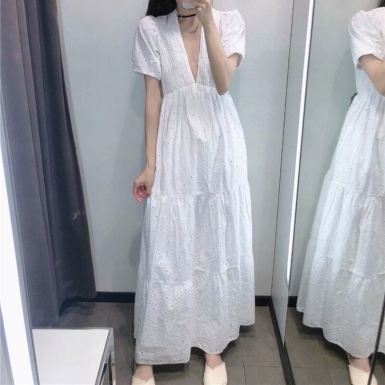 New Summer Women White Sexy V-Neck Hollow Midi Dresses Fashion Embroidery A-Line Elegant Party Dress Ladies Vestidos - BlackFridayBuys