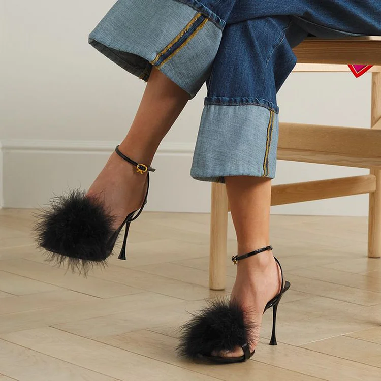 Black Open Toe Furry Sandal Women's Patent Stiletto Heels Sexy Shoes |FSJ Shoes