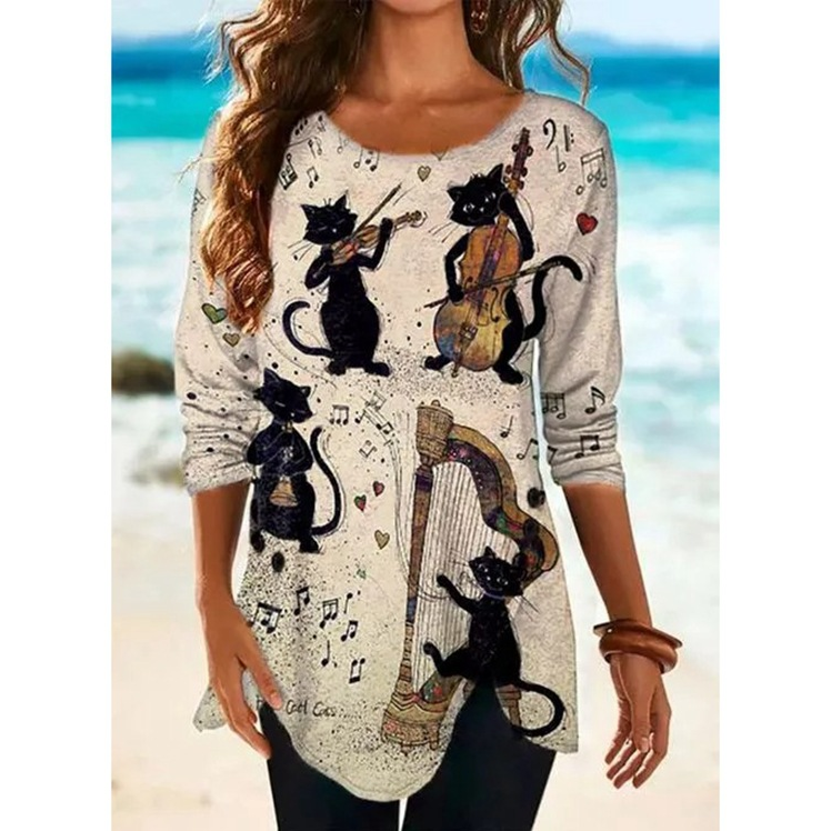 Round Neck Cat Print Loose Long Sleeve T-Shirt