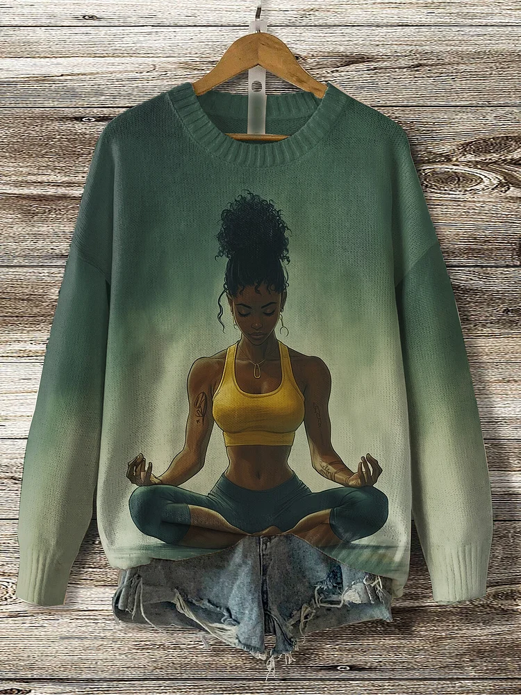 Women's Black Woman In Yoga Pose Meditating Calm And Peaceful Print Knit Sweatshirt