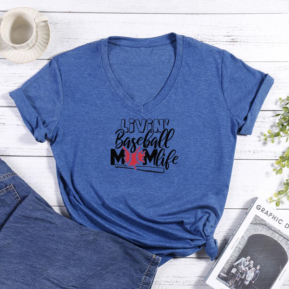 Baseball Mom life V-neck T Shirt-Guru-buzz