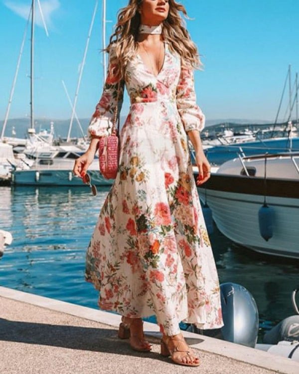 Elegant and Sexy V-neck Print Dress - Chicaggo