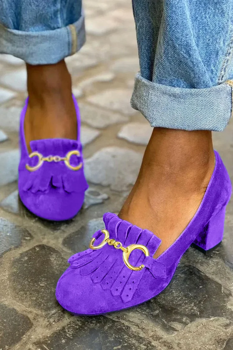 Tassels Trim Buckle Decor Slip On Purple Chunky Heels