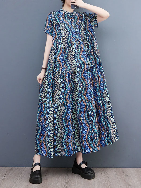 Roomy Short Sleeves Stamped Round-Neck Midi Dresses