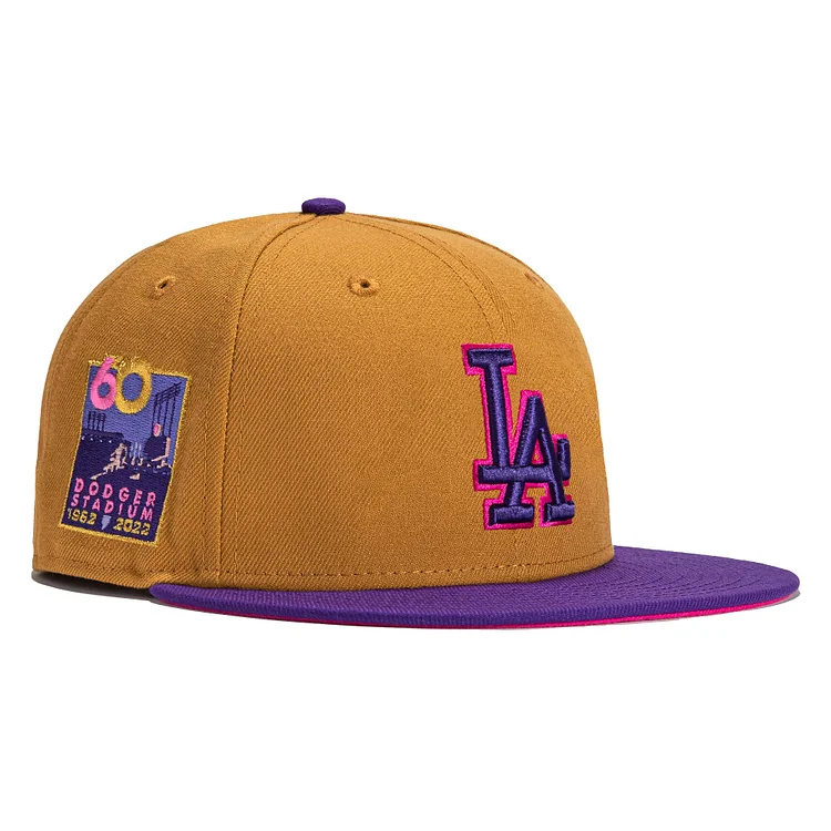 Exclusive New Era 59Fifty Parks HOT Valley Los Angeles Dodgers 60th Anniversary Stadium Patch Hat - Tan, Purple QueenFunky