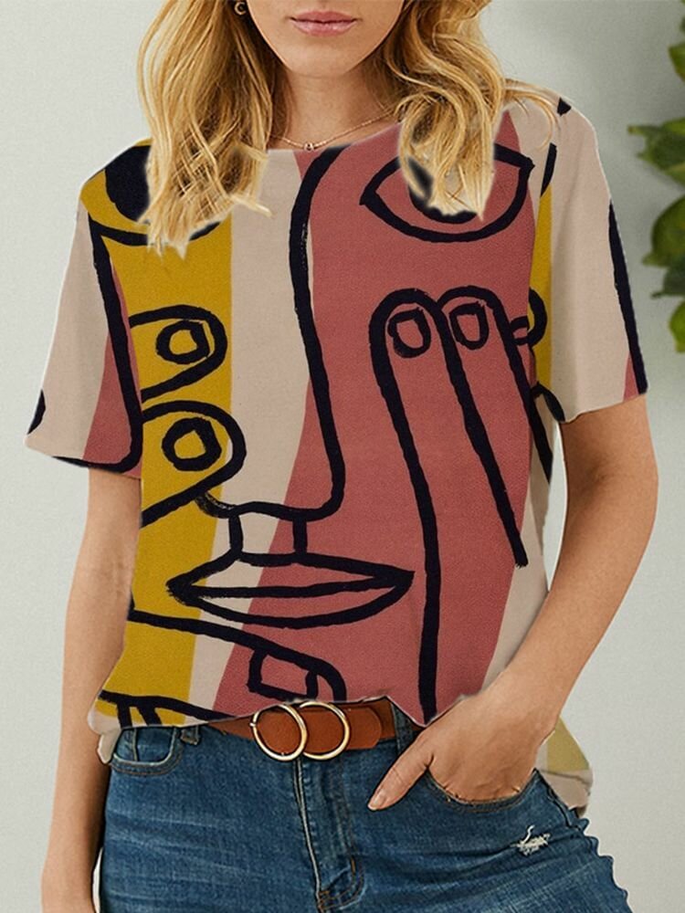Short Sleeve Abstract Pattern O neck Women Casual T Shirt P1847377