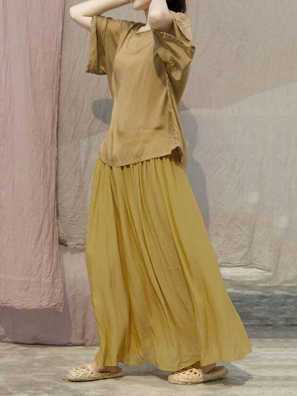 Ginger Yellow Elastic Waist Ice Silk Pleated Skirt