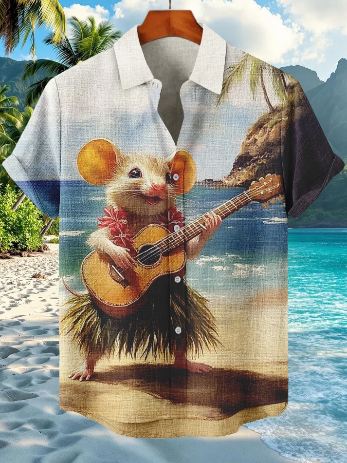 Men's Cute Mouse Wearing Grass Skirt And Playing Guitar On Vacation Art Print Casual Shirt