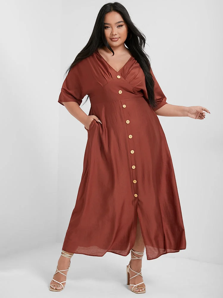 Plain V Neck Gathered Button Pocket Maxi Dress