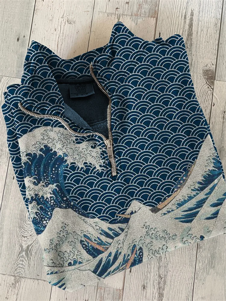 VChics The Great Wave off Kanagawa Inspired Japanese Art Zip Up Sweatshirt