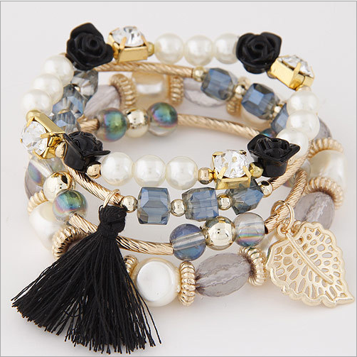 Comstylish Ladies Fashion Crystal Pearl Flower Leaf Tassel Braided Bracelet