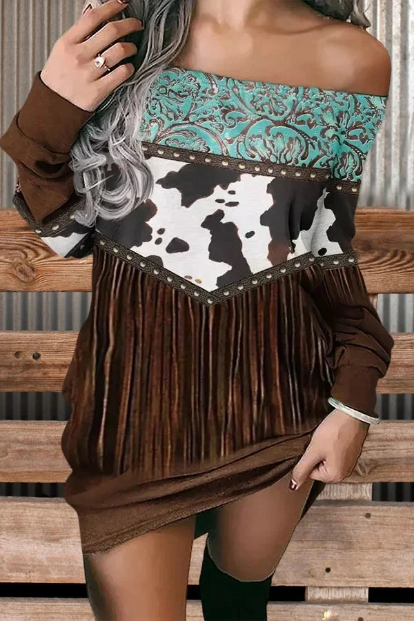 Women's Western Cow Off Shoulder Sweatshirt Dress