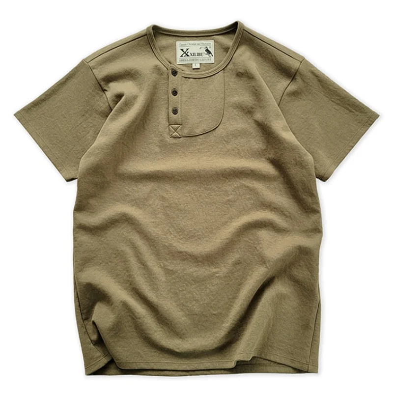 Vintage Khaki Henley Collar Cotton Short Sleeve Casual T-Shirt