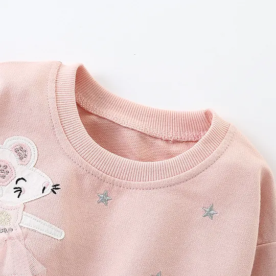 【18M-8Y】Girls Fashion Sweet Cartoon Mouse And Star Embroidered Pink Sweatshirt