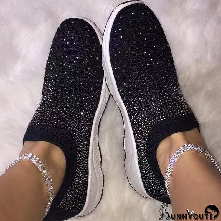 Plus Size Diamonds Beaded Knit Sneakers Winter Women's Low Heel Mesh Casual Shoes