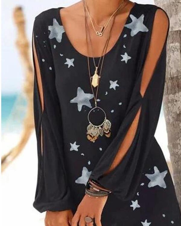 Black Cotton Printed Star Casual Cutout Patchwork Dresses - Chicaggo