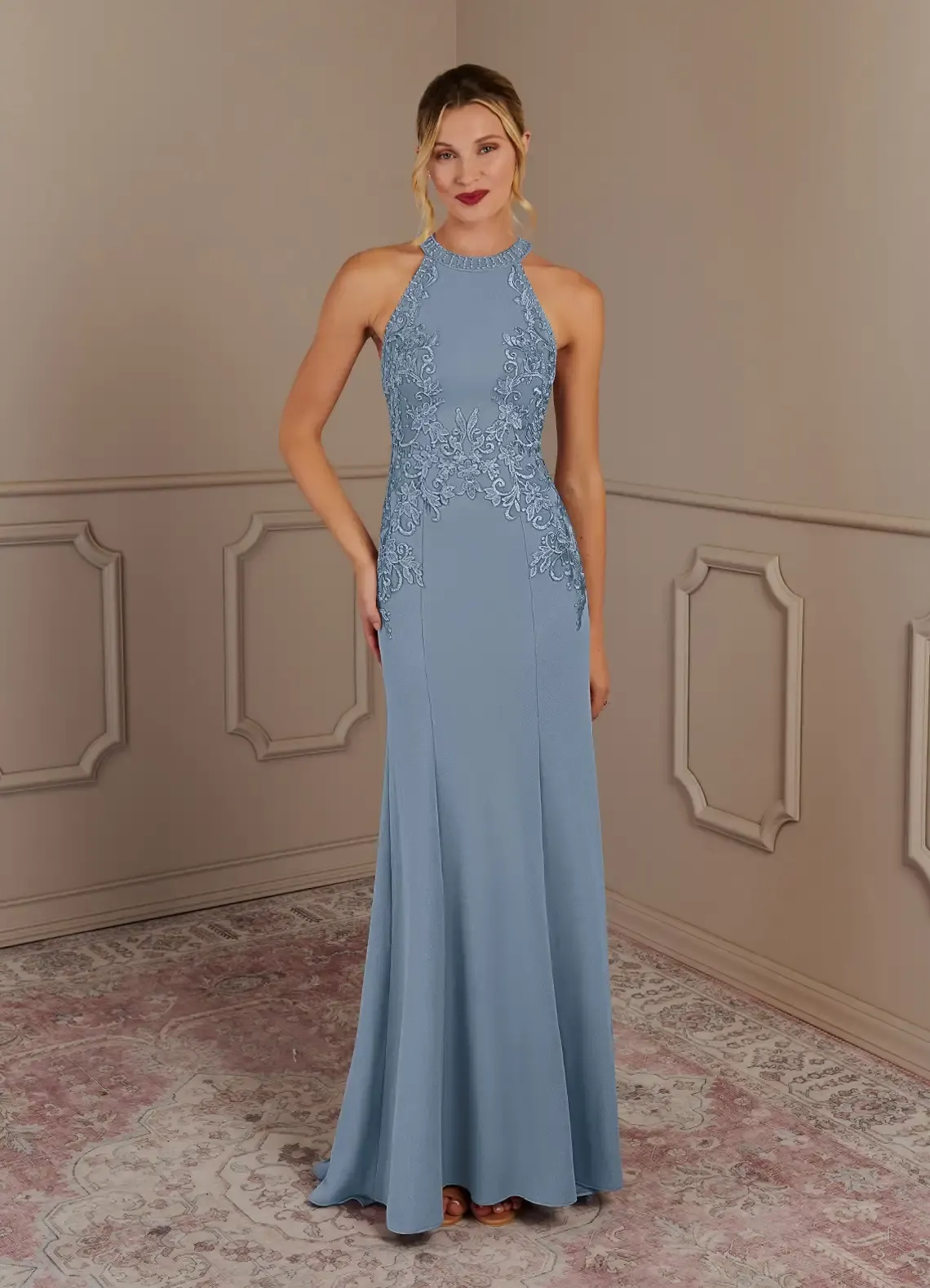 Lussooy Chic Dusty Blue Halter Embroidery Sleeveless Floor Length Mother of The Bride Dress