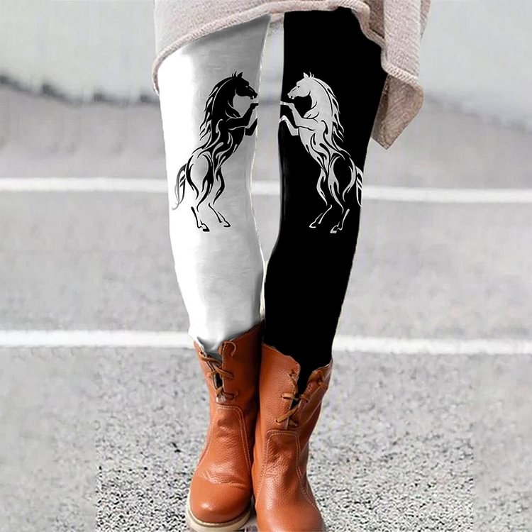 Vefave Casual Colorblock Horse Print Leggings