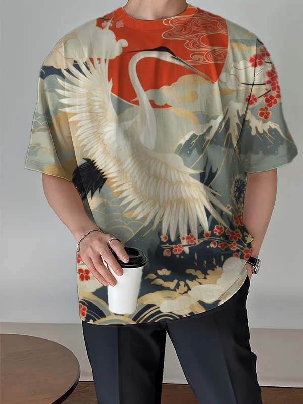 Men's Japanese Art Crane Cherry Blossom Clouds Pattern Casual T-Shirt