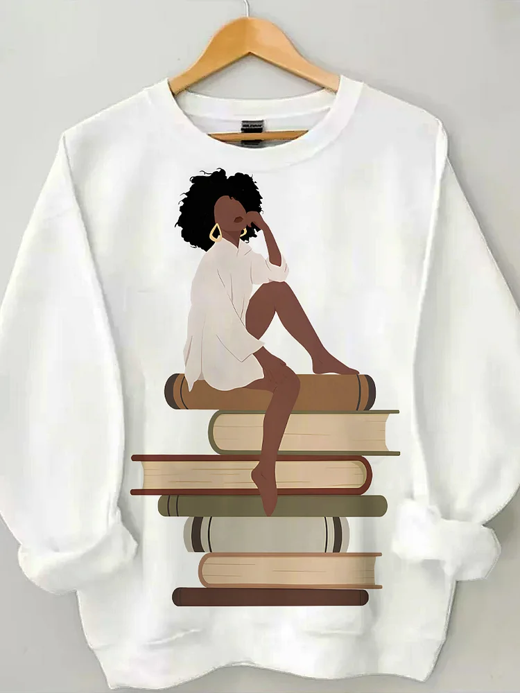 Women's Black Girl Reading Lover Illustration Print Cotton Long Sleeve T-Shirt Thin Sweatshirt