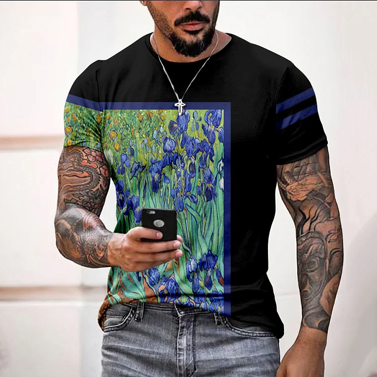 BrosWear Fashion Geometric Van Gogh Flower Print Short Sleeve T-Shirt