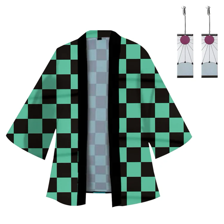 Demon Slayer Kimono Cardigan Robe Kamado Tanjirou Cospaly Costume Cotton Print Casual Coat with Earrings Halloween Carnival Suit