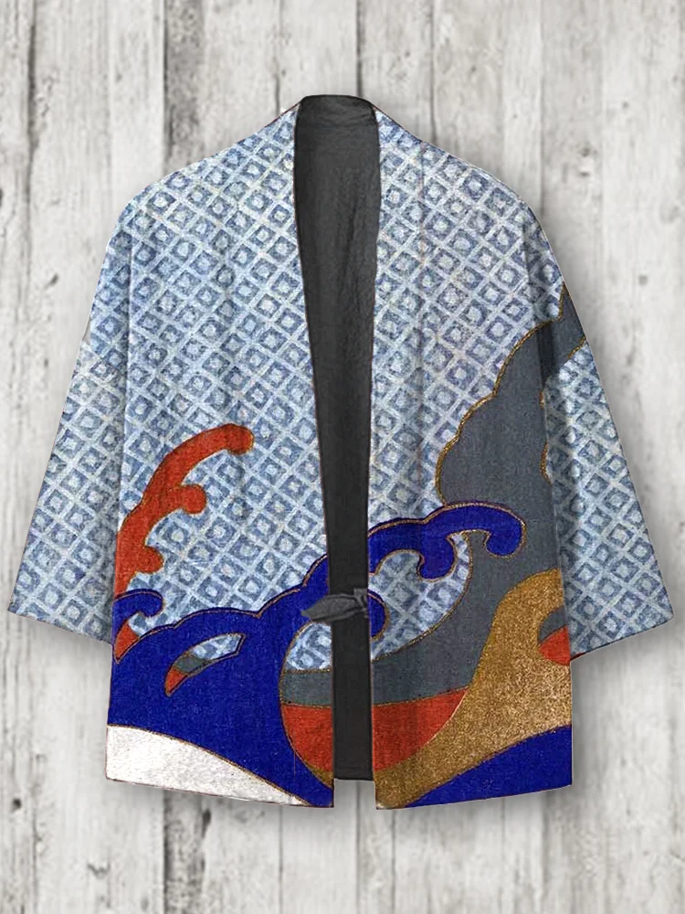 Comstylish Japanese Traditional Pattern Print Linen Blend Kimono Cardigan