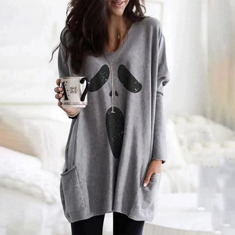 Women Autumn Fashion V-Neck Long Sleeve Halloween Ghost Print Pockets Design Top Casual Loose Blouse Oversized T-Shirts New - BlackFridayBuys