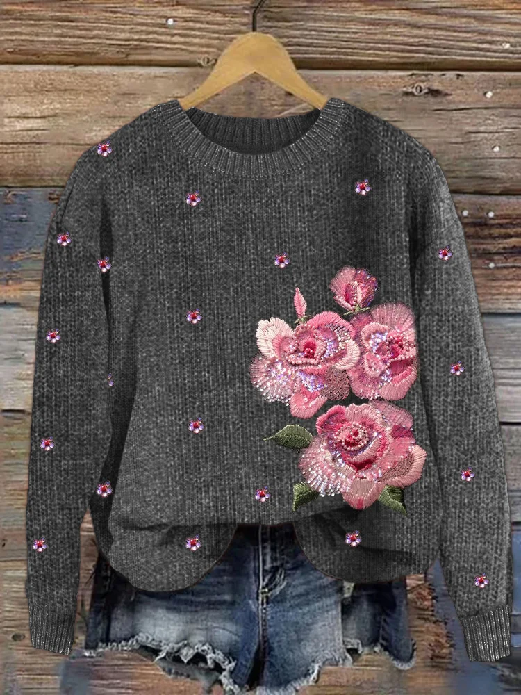 VChics Flowers Embroidery Art Sequin Beaded Cozy Knit Sweater