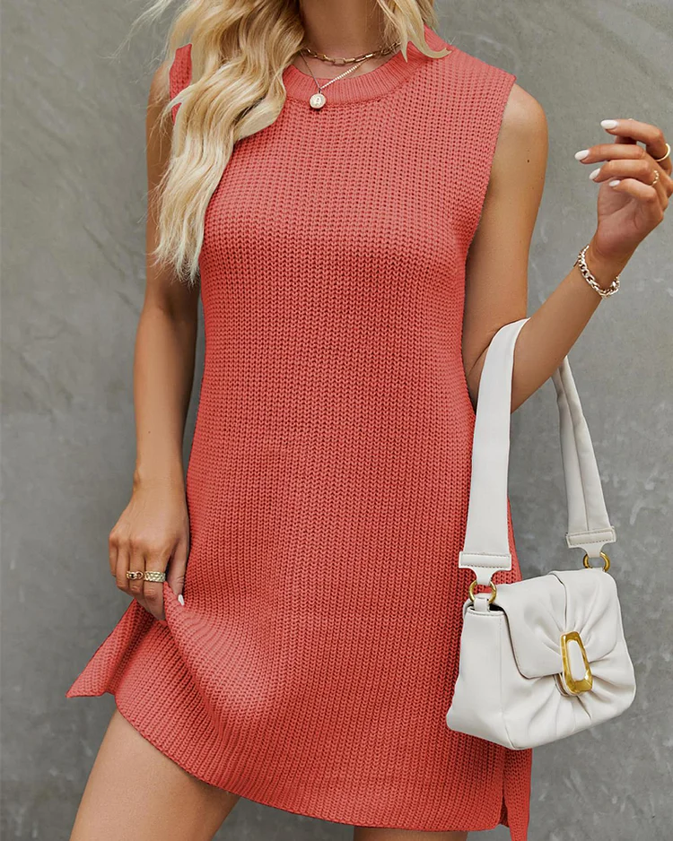 Women's solid color round neck knitted skirt fashion commuting slit dress