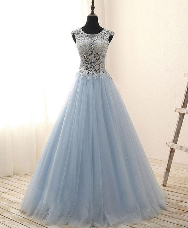 Unique Round Neck Tulle Lace Long Prom Dress, Evening Dress