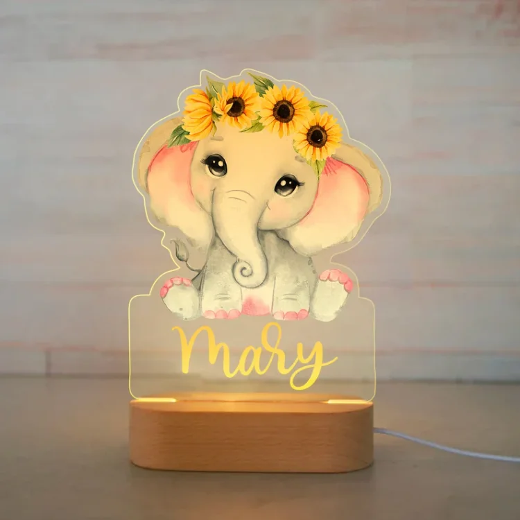Lámpara Ilusión 3D Luz de Noche LED de Elefante con guirnalda de flores con Nombre Personalizado