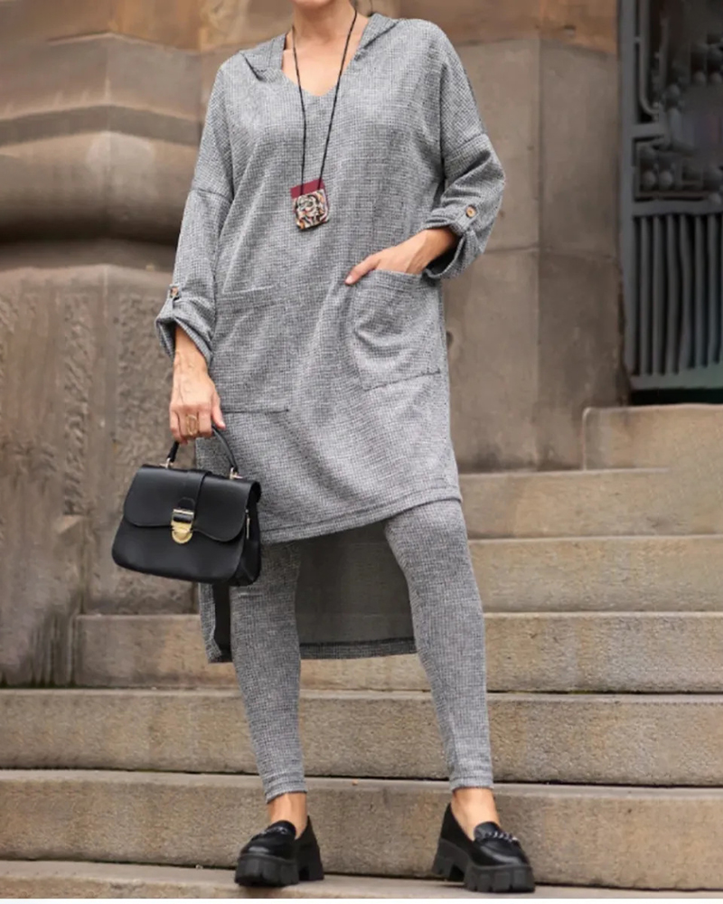 Hooded Long Sleeve Front Pockets Top & Solid Color Pants Set