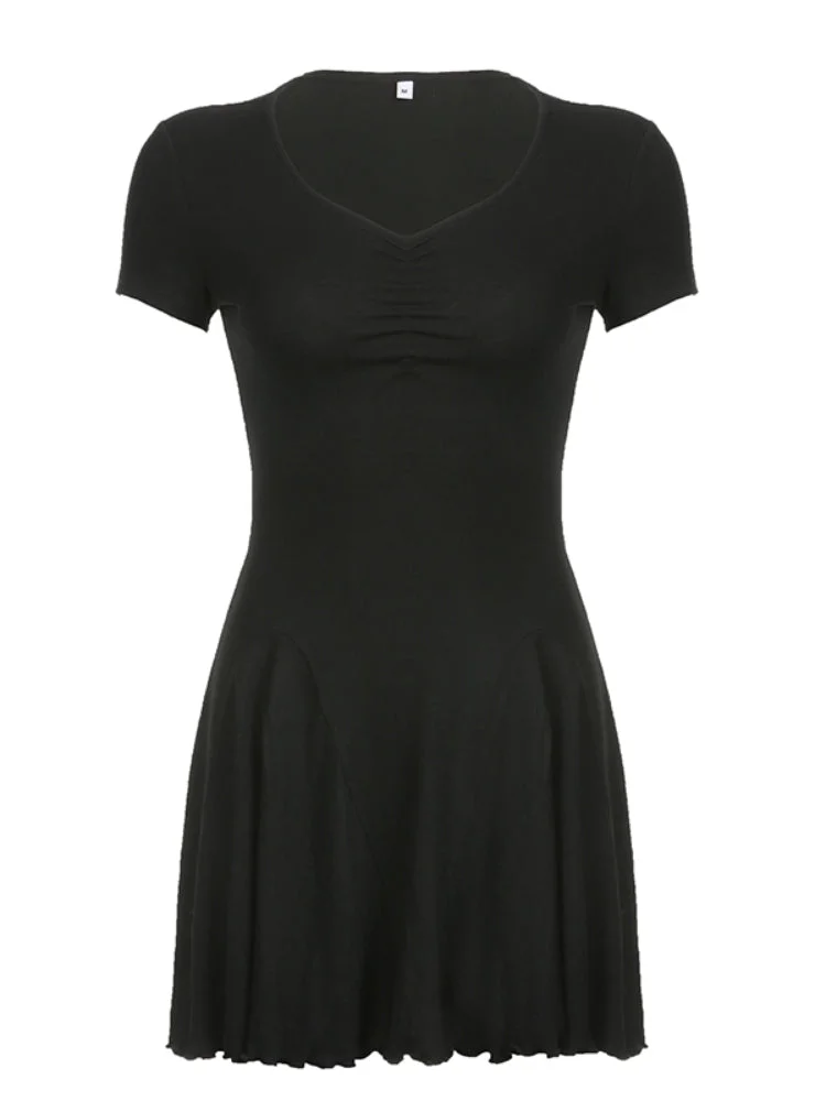 ABEBEY-Black V Neck Folds  A-Line Dress