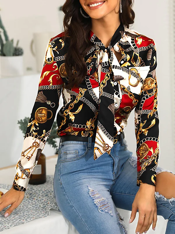 Buttoned Printed Tied Long Sleeves Loose Mock Neck Blouses&Shirts Tops