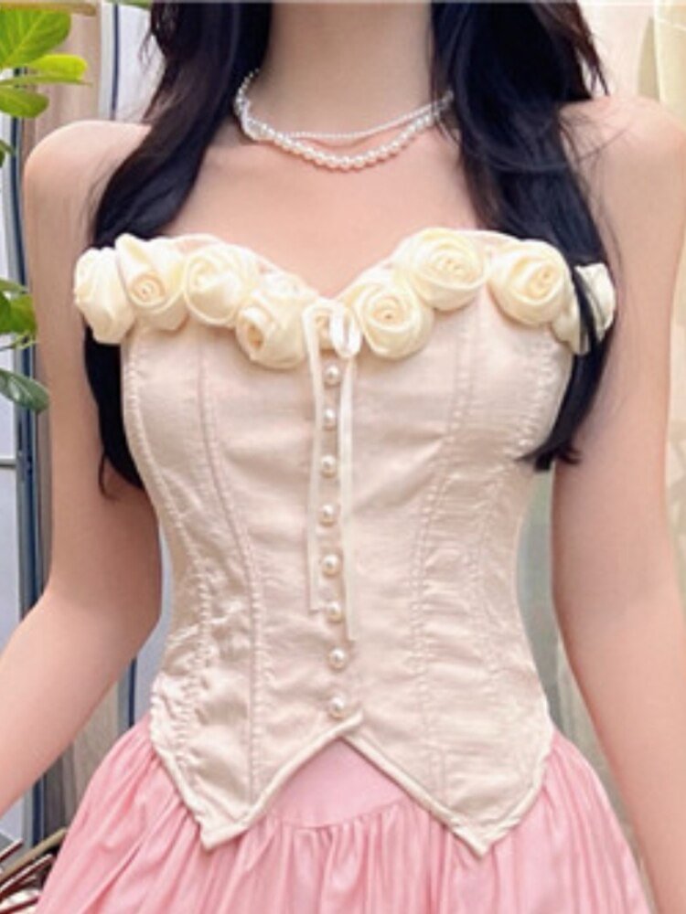 Vintage Elegant Floral Sweet Corset Top + Pink High-waisted Skirt Two-piece Dress PE052