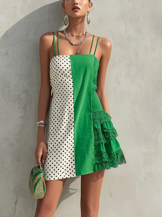 Green And Polka Dot Panel Lace Tiered Mini Dress