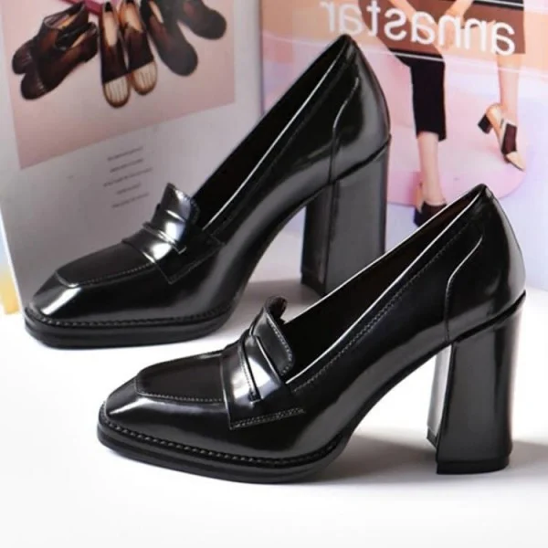 Black Patent Leather Closed Toe Chunky Heel Loafer Shoes Nicepairs