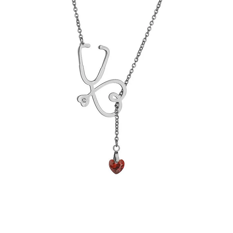 Stethoscope Necklace WIth Heart Birthstone Love Necklace Doctor Nurse Gift