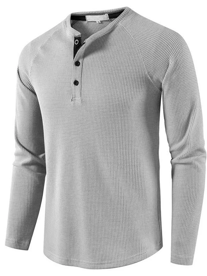 Men's Light Mature Casual T-shirt Men's Solid Color Jacquard Long-sleeved Pullover Stand-up Collar Waffle Henley Shirt-Cosfine
