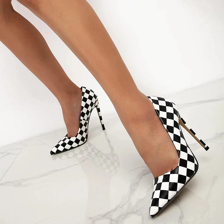 Black & White Checkered Pattern Pointy Toe Stiletto Pumps Shoes |FSJ Shoes