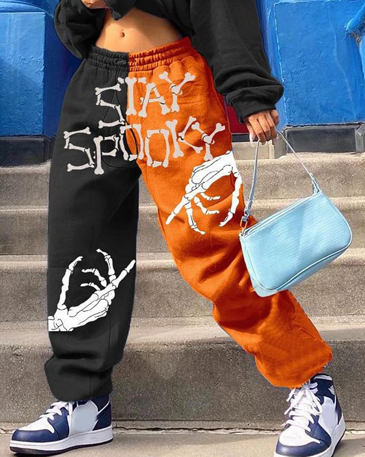 Colorblock & Letter Print Hands Skull Pattern Pocket Side Sports Pants For Women - Shop Trendy Women's Clothing | LoverChic