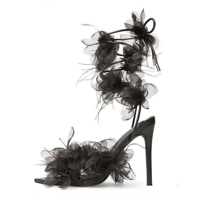 FSJ Black Tulle and Feather Flower Pointed Toe Heeled Lace Up Sandals |FSJ Shoes