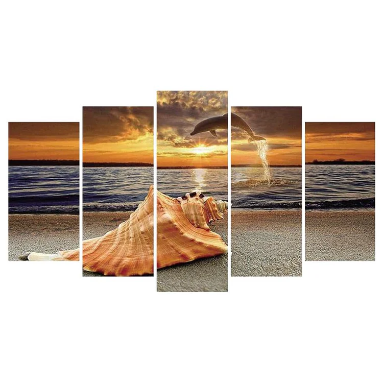 5pcs Seaside Sunset Round Full Drill Diamond Painting 95X45CM(Canvas) gbfke