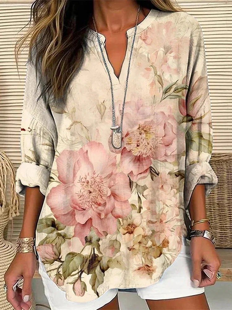 Notched Floral Regular Loose Shirt socialshop