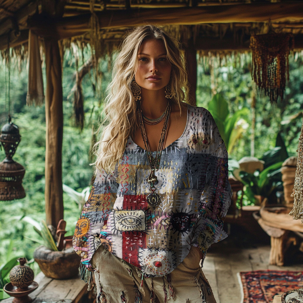 Linen-cotton Blend Bohemian-style Printed Long-sleeved Top - Helixace