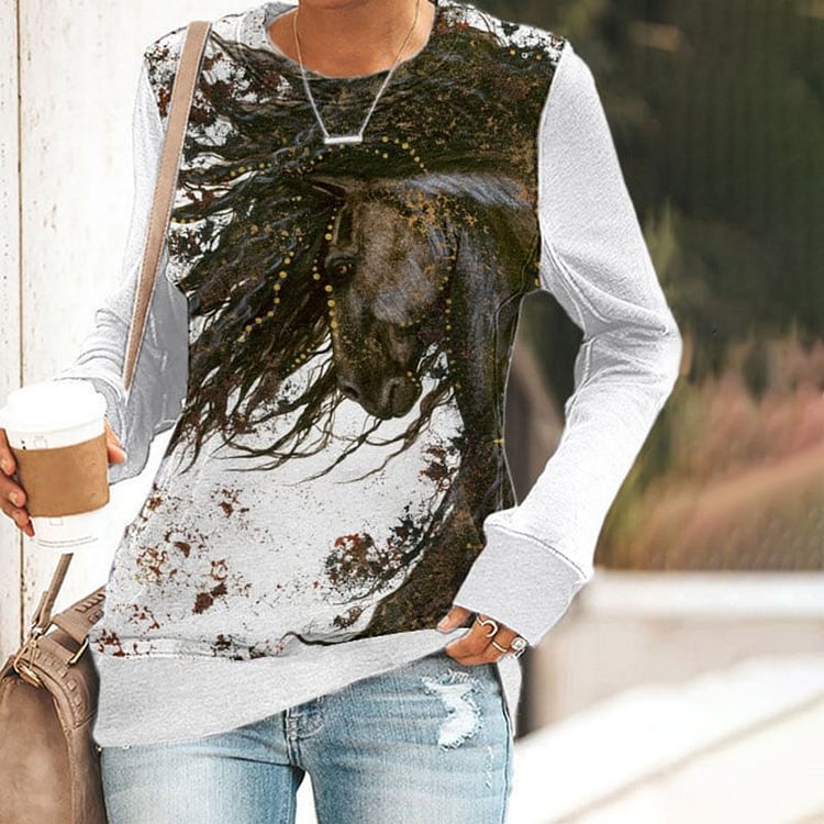 VChics Women's Ink Horse Printed Round Neck Sweatshirt