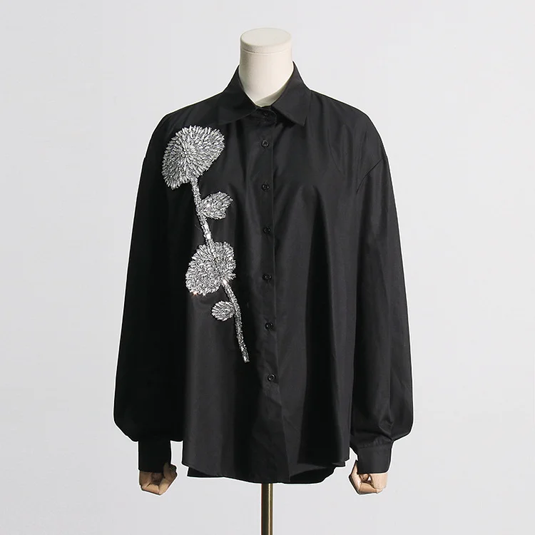 Loose Floral Rhinestone Stand Collar Long Sleeve Shirt