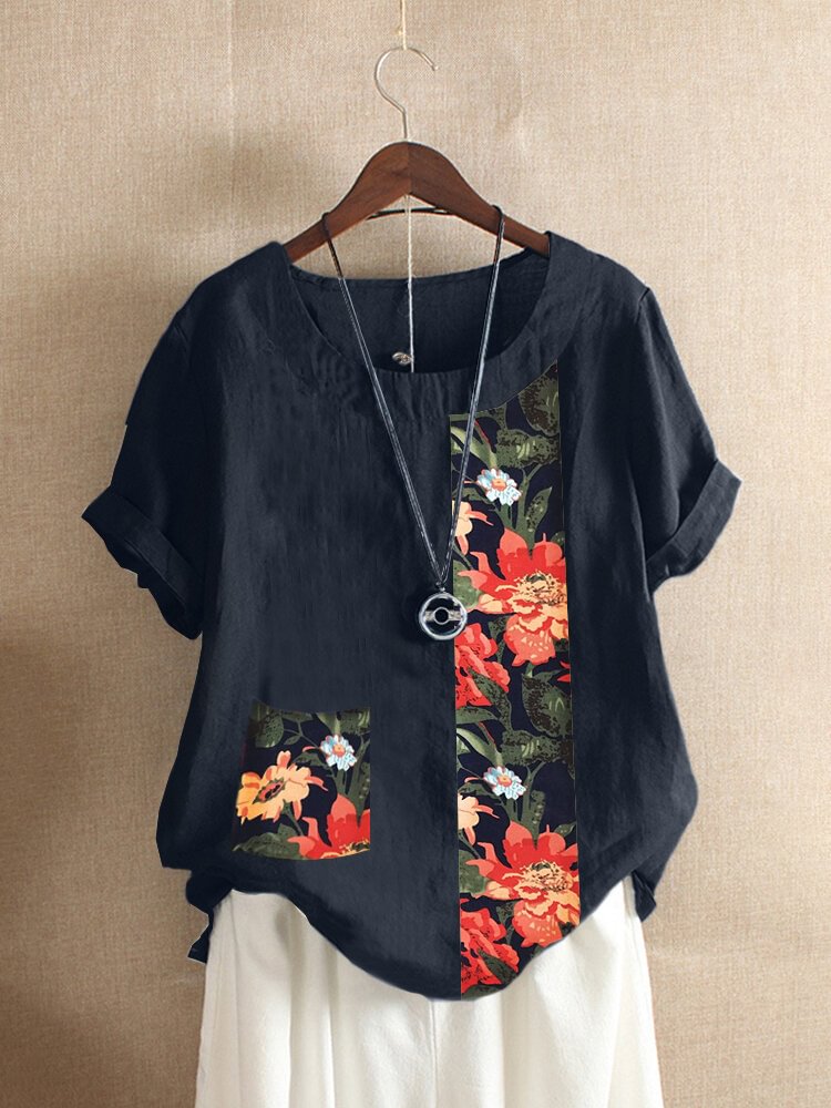 Flower Print Patched Casual T shirt Women Short Sleeve Summer T shirt P1680459