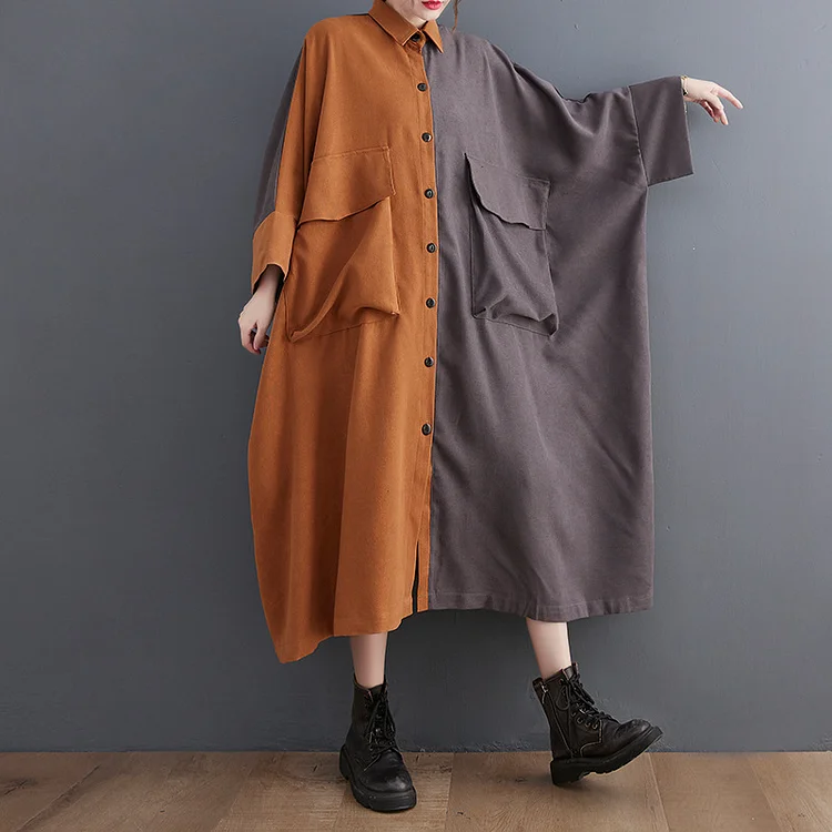 Loose Color Blocking Long Sleeve Midi Dress